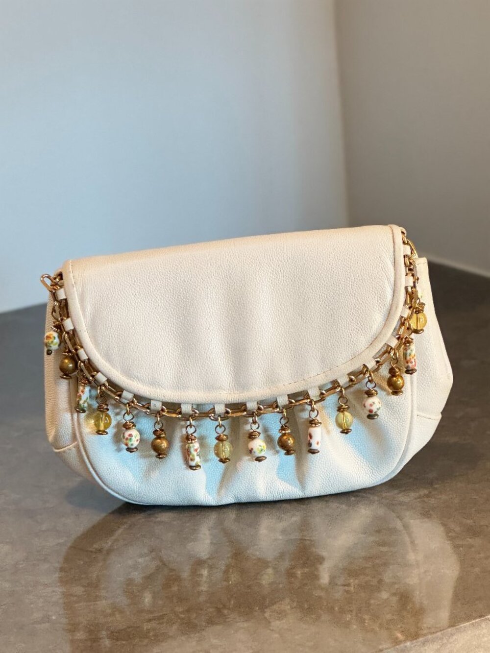 VTG 1980s White Leather Crossbody Purse w/ Hand-Painted Floral Bead Fringe